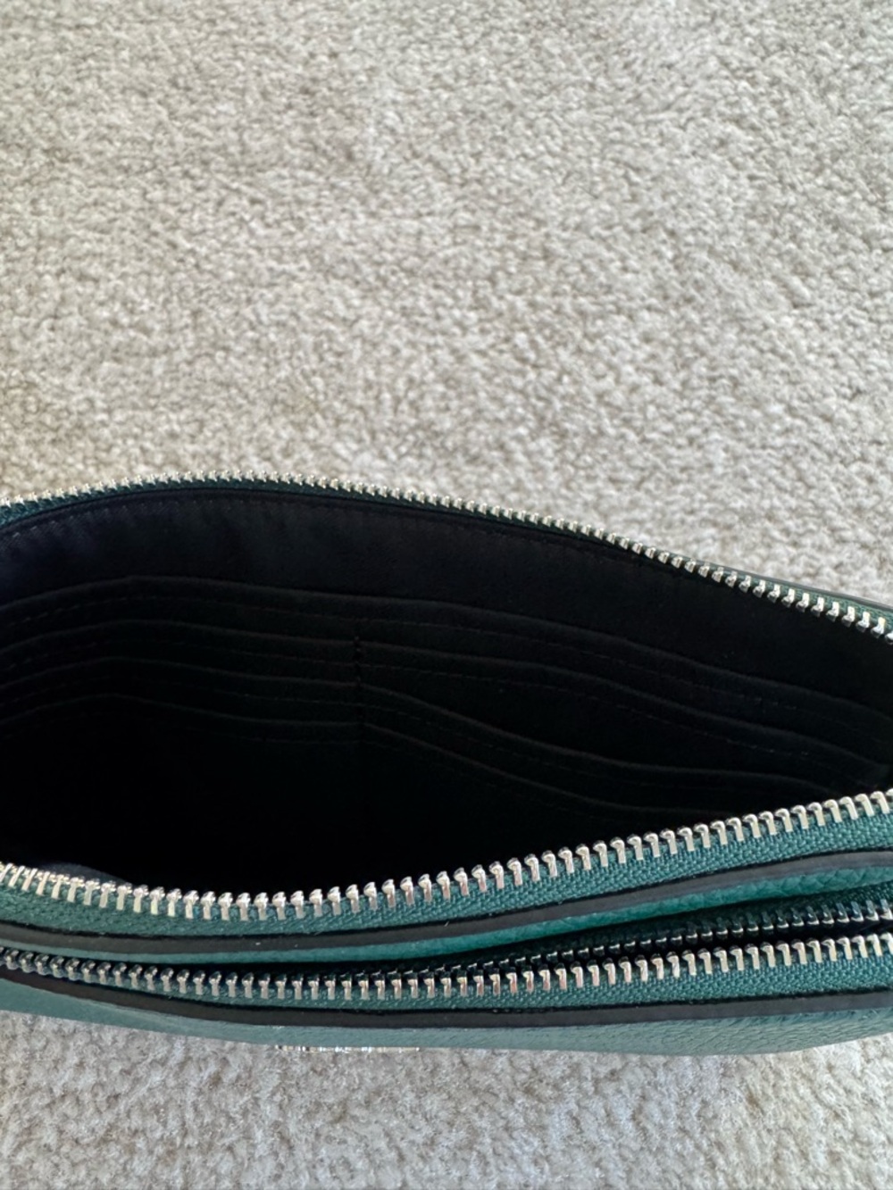 Coach Teal Green Pebbled Leather Double Zip Wristlet with silver hardware - Picture 6 of 7